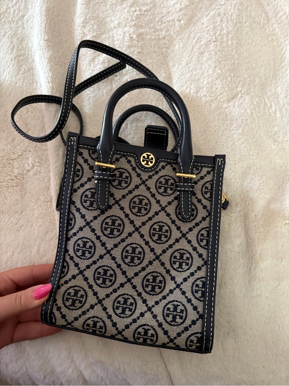 Tory Burch Black and Beige Logo Jacquard Mini Tote